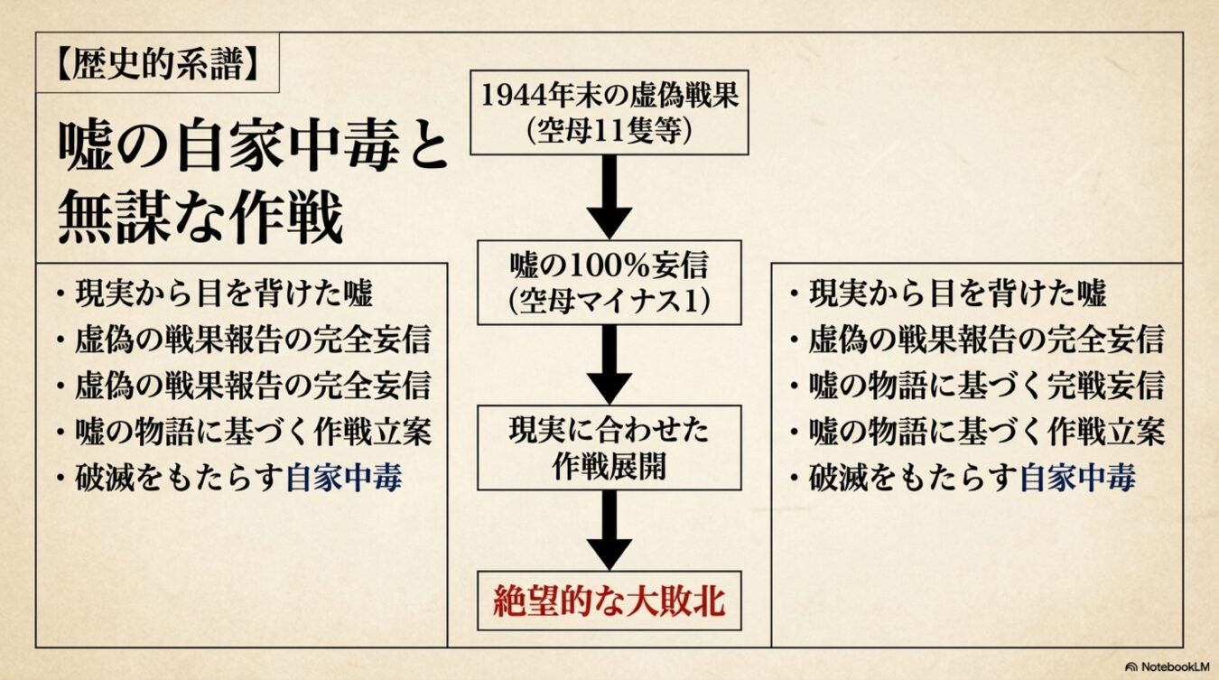 嘘の戦果報告を盲信し、現実離れした作戦を展開して破滅に至るまでの過程を、歴史的系譜として図解したフローチャート。