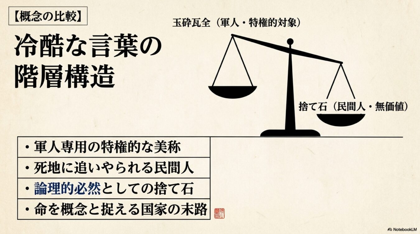 軍人と民間人の命を天秤にかけ、玉砕瓦全という言葉と捨て石という概念を通して、国家による冷酷な命の階層構造を批判的に図解したもの。