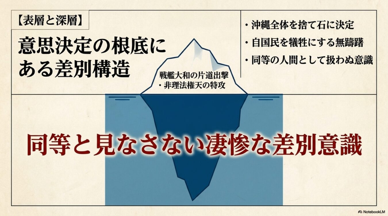 意思決定の根底にある差別構造を氷山で図解。戦艦大和の出撃など表層の事象に対し、深層には同等と見なさない凄惨な差別意識が潜むことを示している。