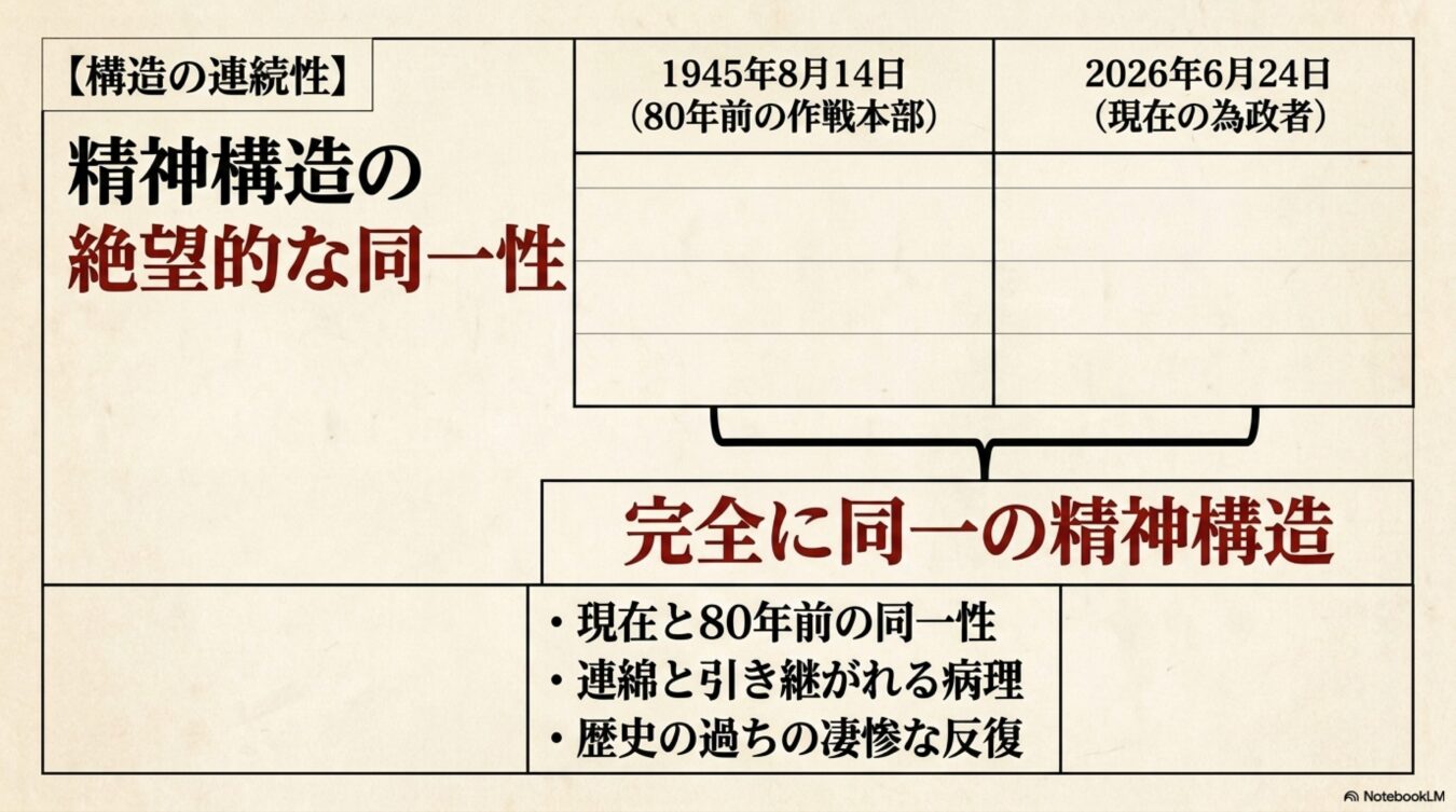 1945年の作戦本部と2026年の為政者の精神構造が完全に同一であるとし、歴史の過ちが繰り返される病理を指摘する図解。