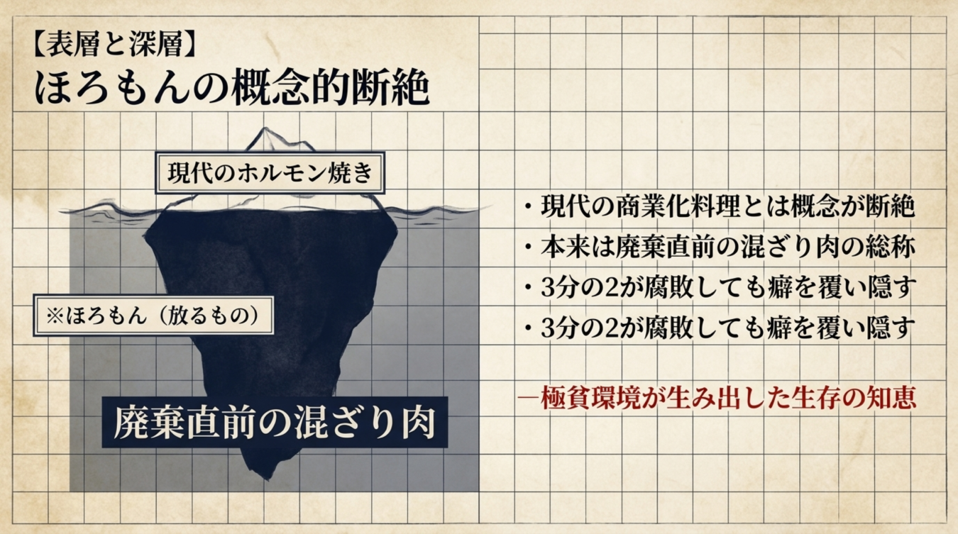 現代のホルモン焼きと本来の廃棄直前の混ざり肉の概念的断絶を氷山で示した図