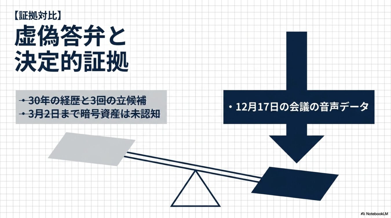 【証拠対比】虚偽答弁と決定的証拠として、30年の経歴や暗号資産未認知の主張と、12月17日の会議の音声データを天秤で比較している図。