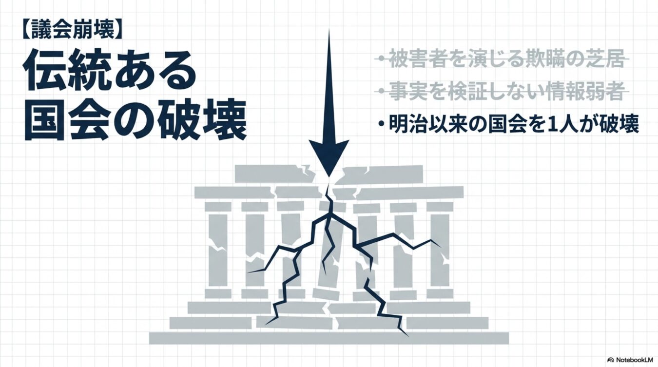 議会崩壊や伝統ある国会の破壊をテーマにした図解。中央の建物が矢印で破壊されているイラストと、被害者を演じる欺瞞の芝居などの箇条書きテキストが掲載されている。