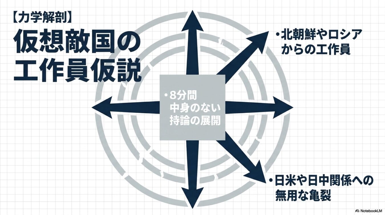 【力学解剖】仮想敵国の工作員仮説を図解したもので、中央の8分間中身のない持論展開から四方に矢印が伸び、北朝鮮やロシアからの工作員、日米や日中関係への無用な亀裂などの項目を示している。