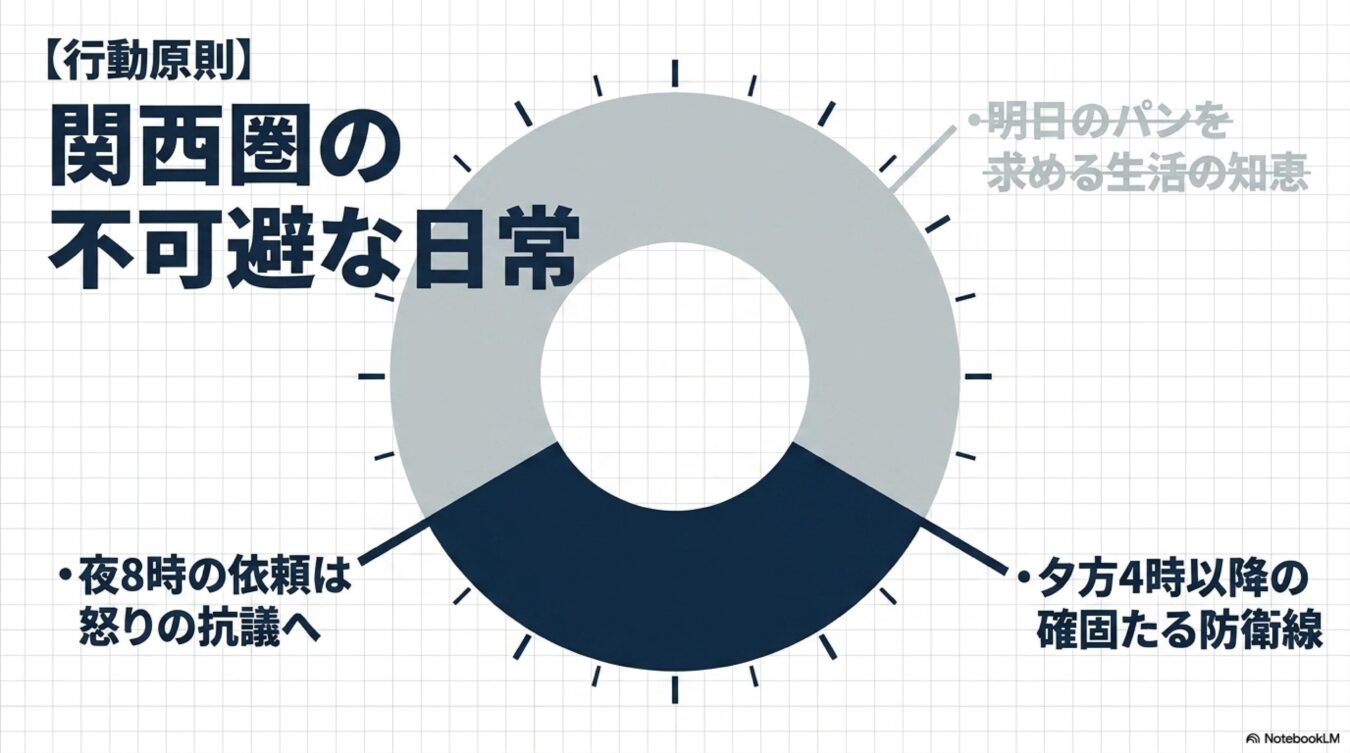 【行動原則】関西圏の不可避な日常を示す円グラフ。明日のパンを求める生活の知恵、夕方4時以降の確固たる防衛線、夜8時の依頼は怒りの抗議への3項目で構成されています。