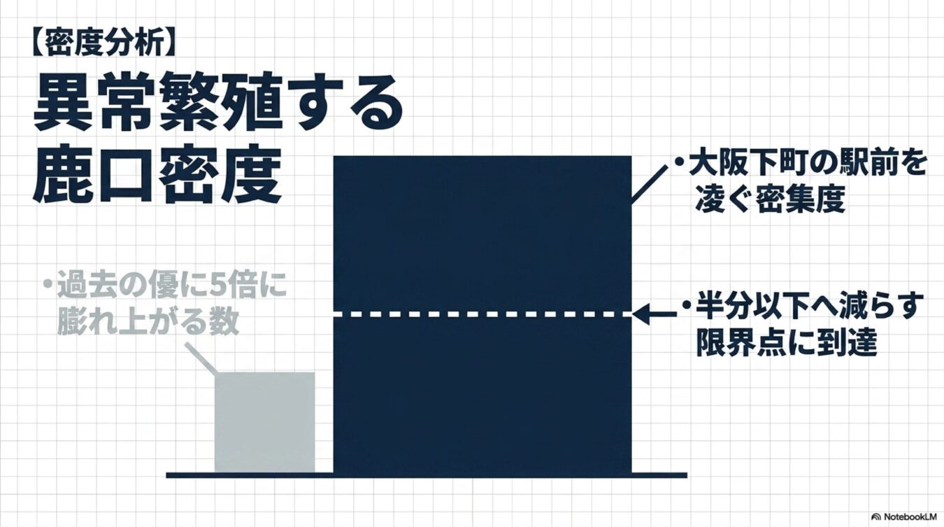 密度分析を示すグラフ。過去の5倍に異常繁殖した鹿口密度が、大阪下町の駅前を凌ぐ密集度であることを表している。