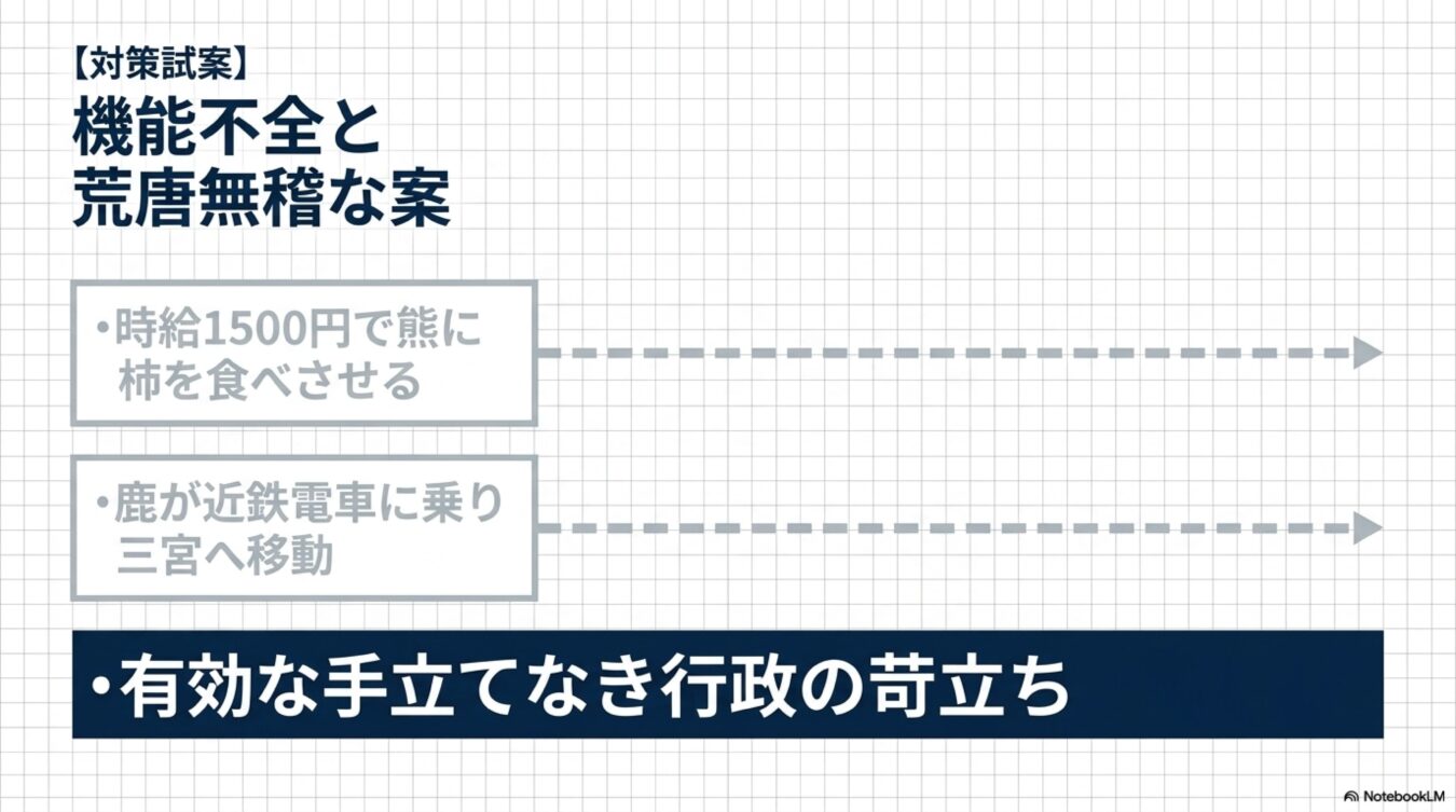 【対策試案】機能不全と荒唐無稽な案として時給1500円で熊に柿を食べさせる鹿が近鉄電車に乗り三宮へ移動を挙げ、有効な手立てなき行政の苛立ちを示すスライド。