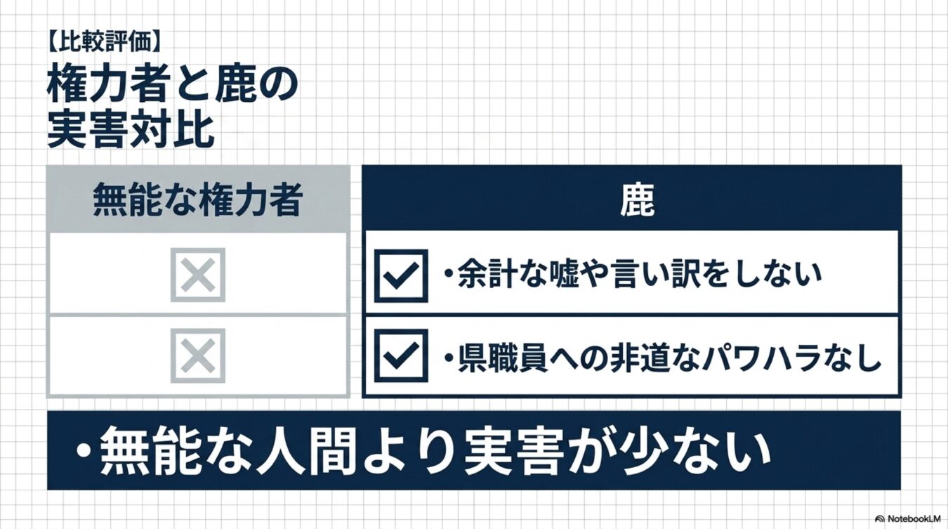 無능な権力者と鹿の実害を比較する表。鹿は言い訳やパワハラがなく実害が少ないとする皮肉な評価を示している。