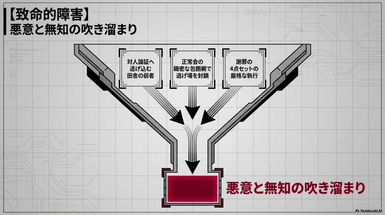 ３つの要因が漏斗を通り、最終的に悪意と無知の吹き溜まりへと集約される構造を表現した図。