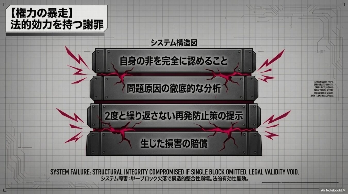 法的効力を持つ謝罪を構成する自身の非を認める原因分析再発防止策損害賠償の4要素を示す構造図。