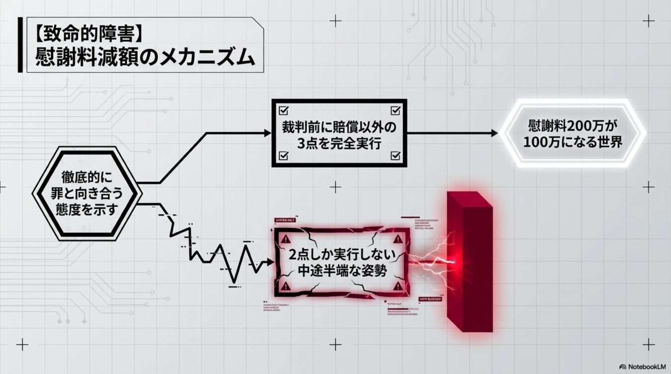 徹底的に罪と向き合う態度を示し、３点完全実行で慰謝料が半減する成功ルートと、中途半端な失敗ルートを示す図。