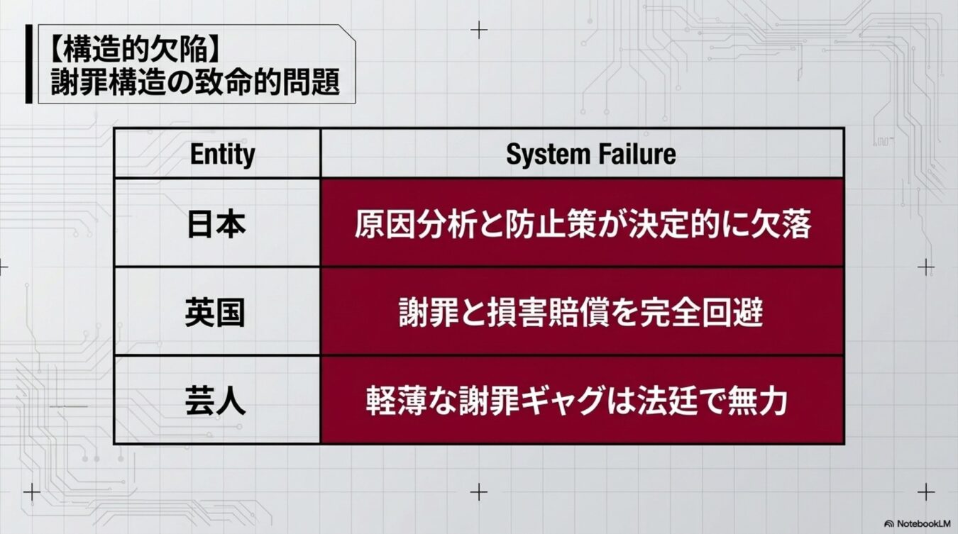 謝罪構造の致命的問題として、日本、英国、芸人の３主体におけるシステムエラーの具体例を整理した表。