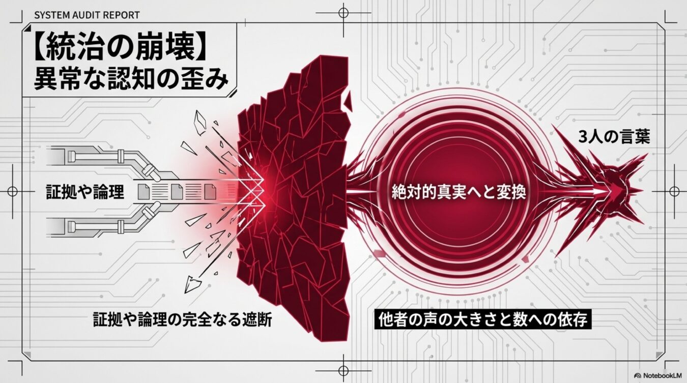 証拠や論理を完全に遮断し、他者の言葉を絶対的真実へと変換する異常な認知の歪みのプロセス解説図。