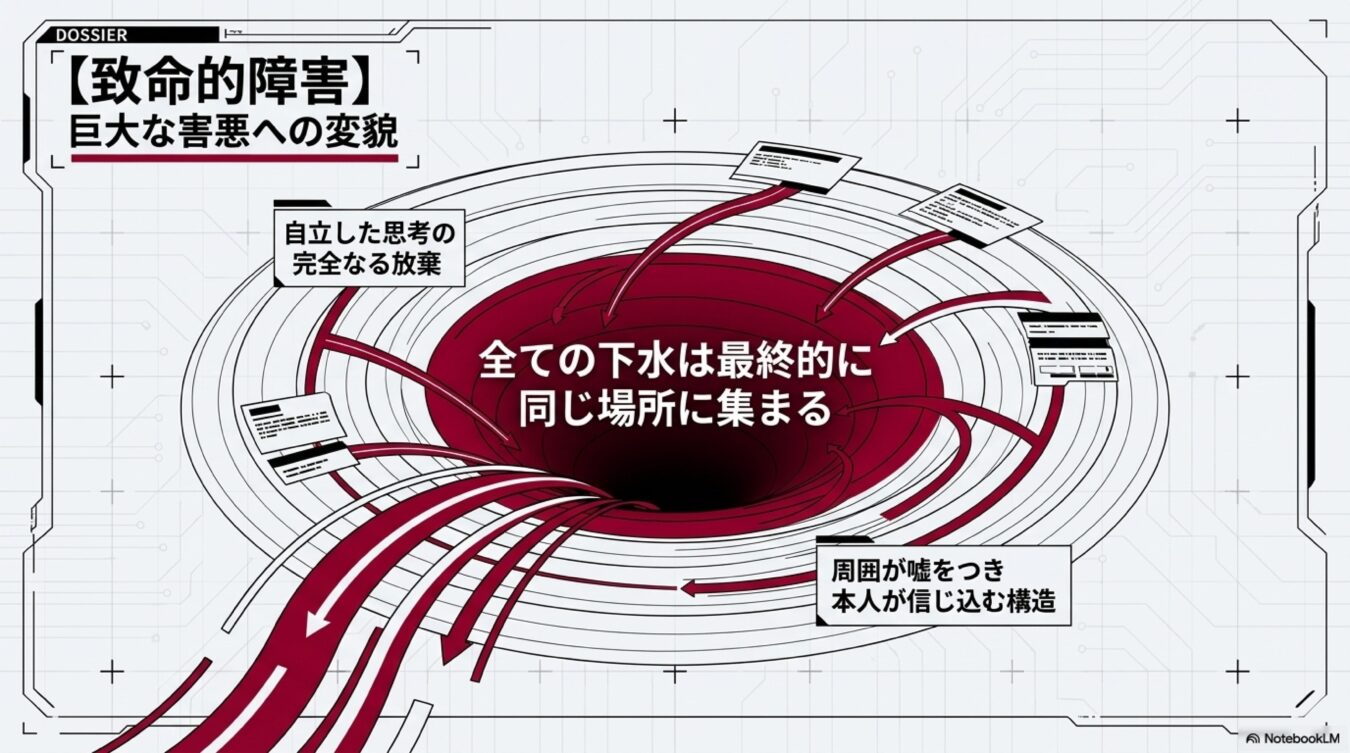 致命的障害をテーマに、思考や情報が中央の渦へと吸い込まれていく仕組みを説明した概念図。