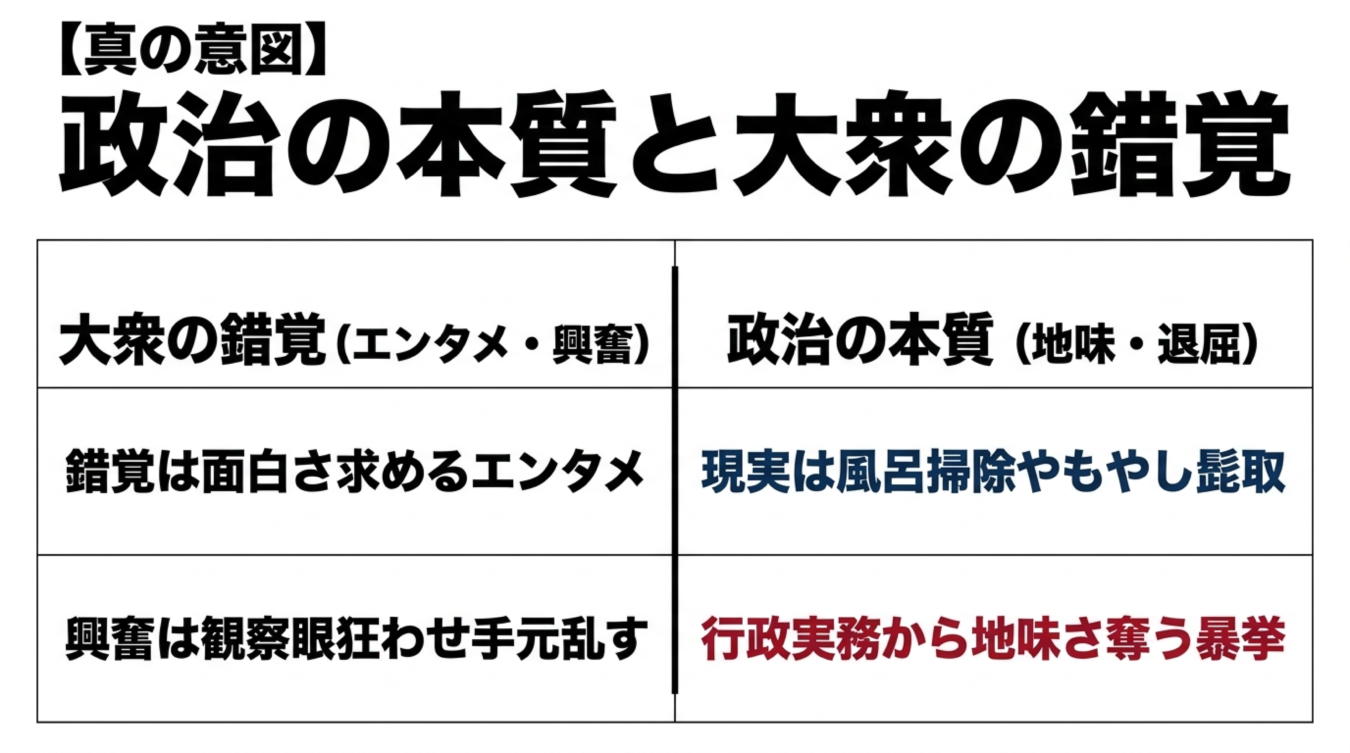 政治の本質と大衆の錯覚を比較する表。政治は地味な行政実務であるのに対し、大衆はエンタメとして求めていることを示す。