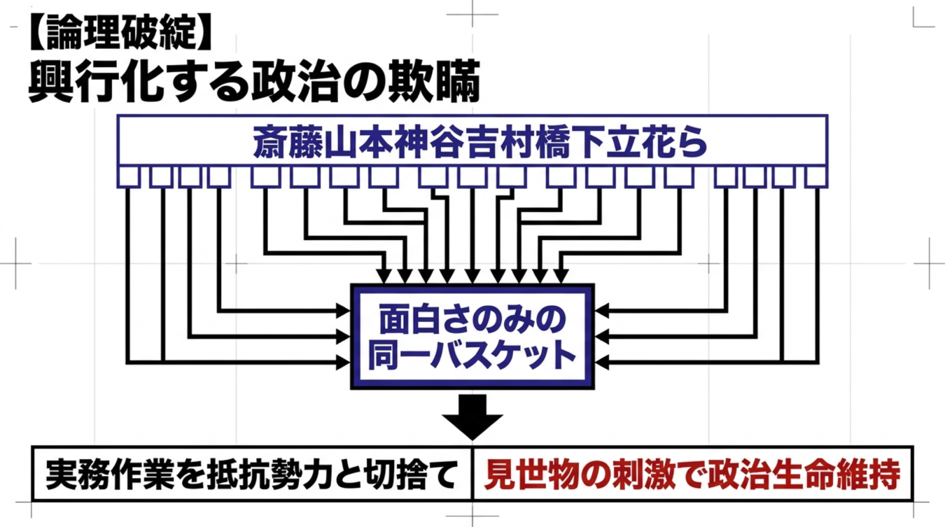 現代政治の興行化とポピュリズムを批判する図解と見出し