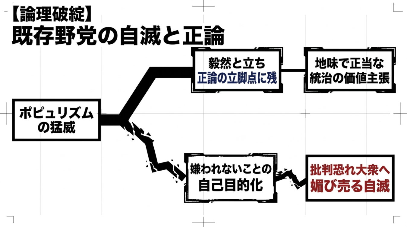 ポピュリズムの猛威に対し正論を貫く立場と既存野党の自滅を示す分岐図