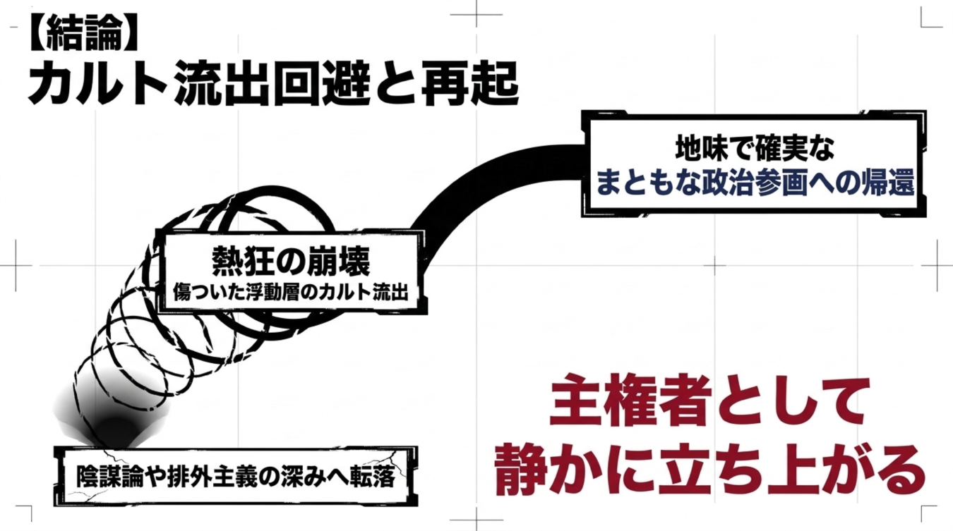 カルト流出を回避し、まともな政治参画への帰還と主権者としての再起を示す図解
