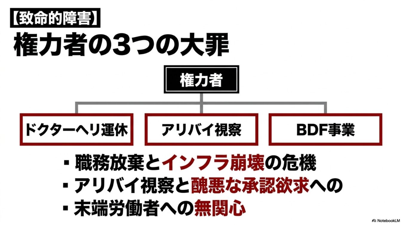 権力者の3つの大罪としてドクターヘリ運休、アリバイ視察、BDF事業を挙げ、職務放棄などの問題点を指摘。