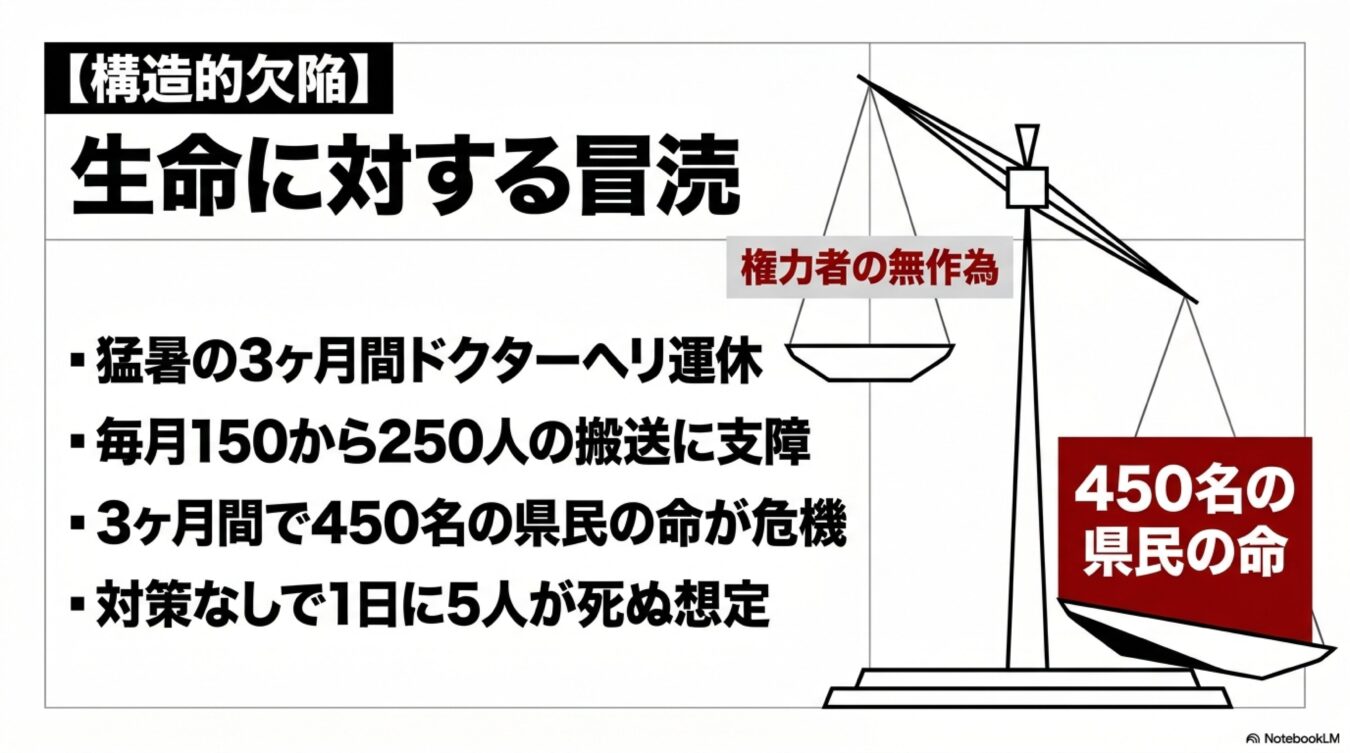ドクターヘリの３ヶ月運休による４５０名の命の危機と、権力者の無作為を天秤にかけた生命軽視への批判。