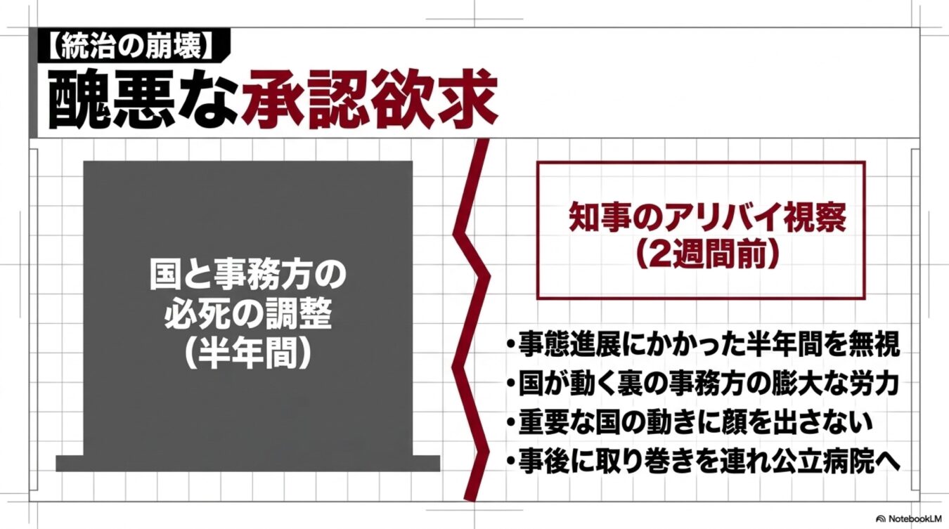 国と事務方の半年間の必死の調整に対し、知事による直前のアリバイ視察やその問題点を対比した解説図。