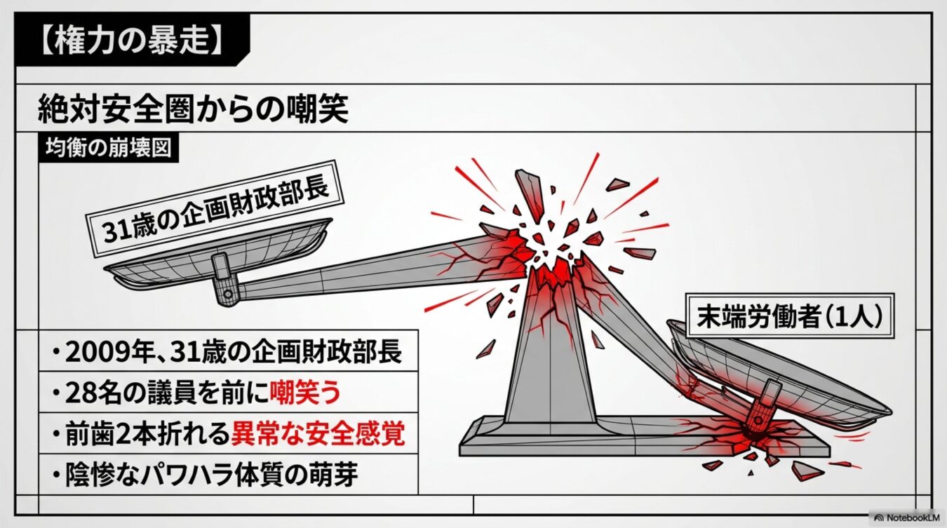 企画財政部長と末端労働者の格差を示す天秤が激しく破損・崩壊し、権力の暴走やパワハラを批判するテキスト。