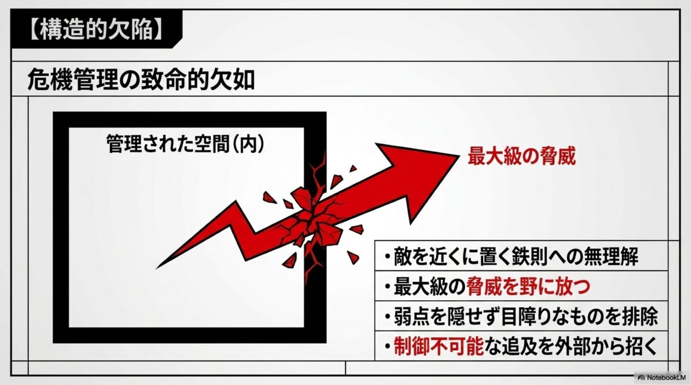 危機管理の致命的欠如により、管理された空間から最大級の脅威が外へ突き破って放出される構造的欠陥の解説。