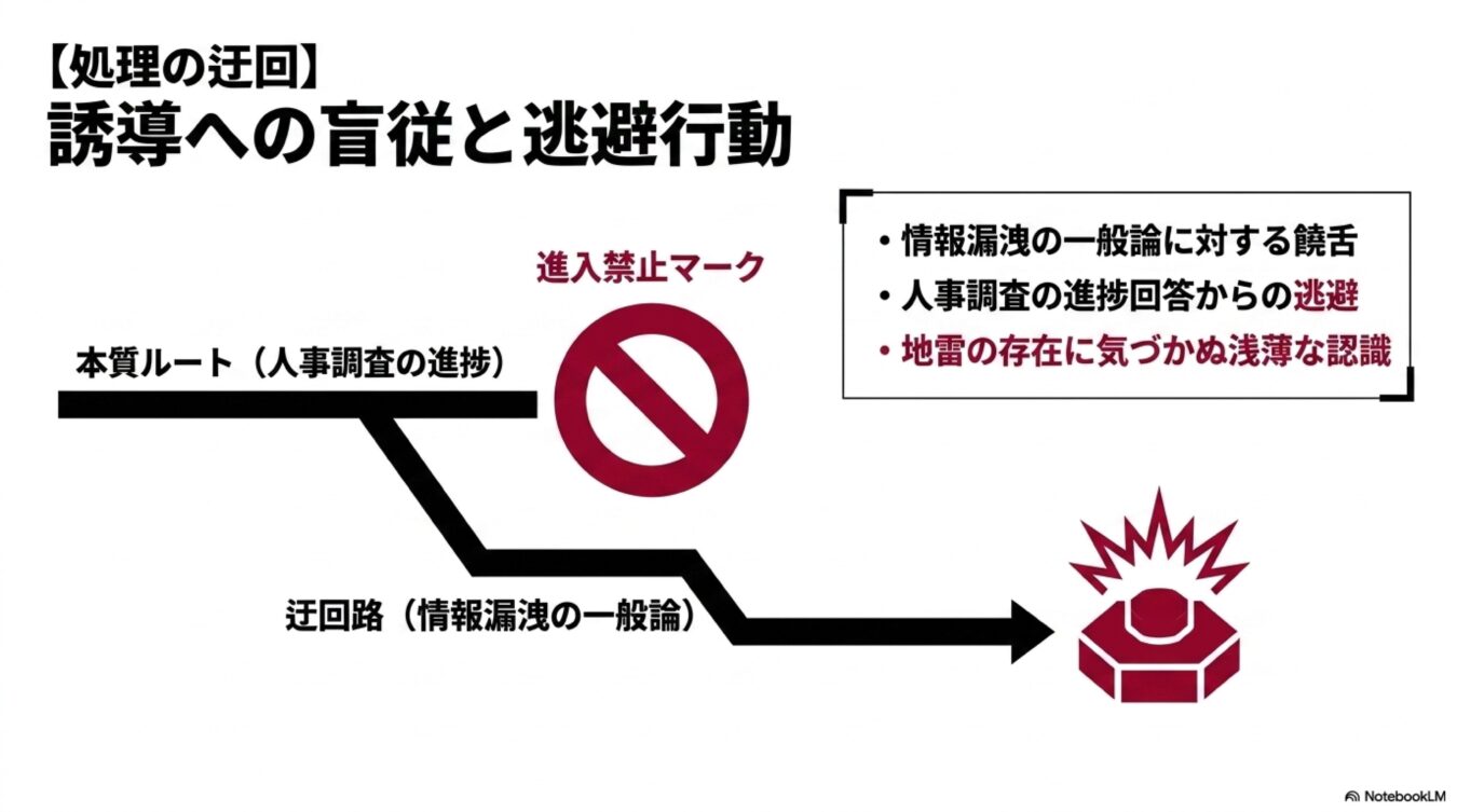 人事調査の進捗を示す本質ルートが進入禁止となり、情報漏洩の一般論という迂回路を進んだ結果、地雷を踏む逃避行動を示す図解。