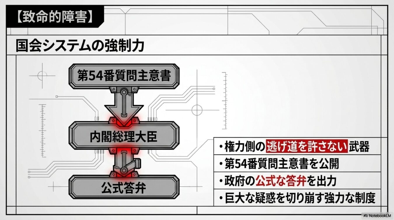 第54番質問主意書を内閣総理大臣に送り、公式な答弁を出力させる国会システムの強制力を説明する図解。
