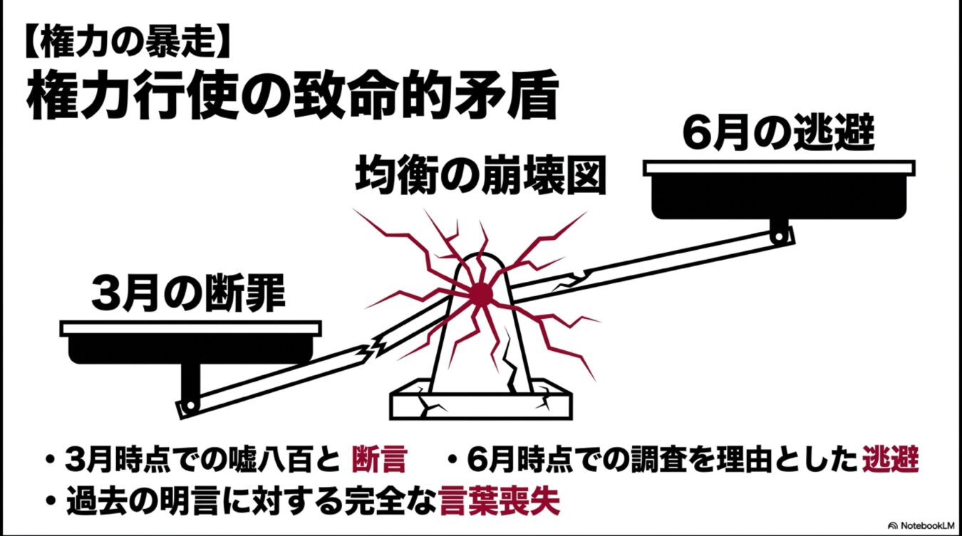 3月の断罪と6月の逃避を対比させ、権力行使の致命的矛盾と均衡の崩壊を示す図解。