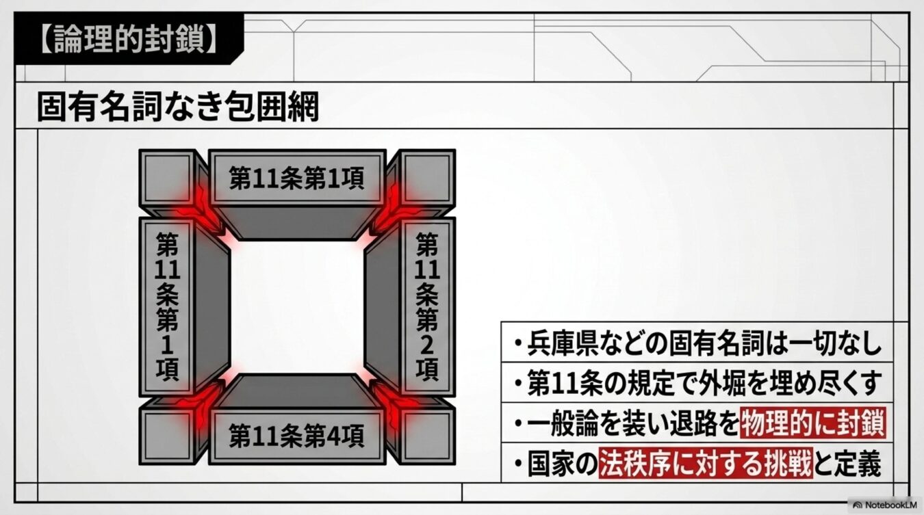 固有名詞を使わず、第11条の規定で四方を包囲して論理的封鎖を行う構造を説明する解説スライド。