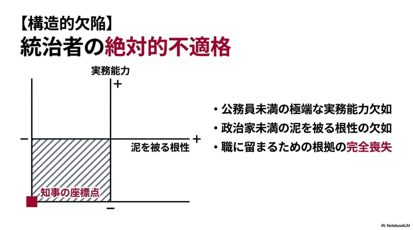 実務能力と泥を被る根性を軸にしたマトリクス図。構造的欠陥として知事の座標点を示し、3つの不適格性を列挙している。