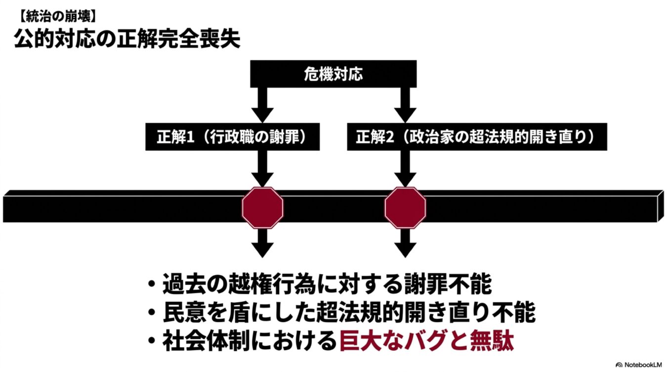 行政職の謝罪と政治家の超法的開き直りがどちらも停止標識で阻まれる危機対応の構造を示す図解