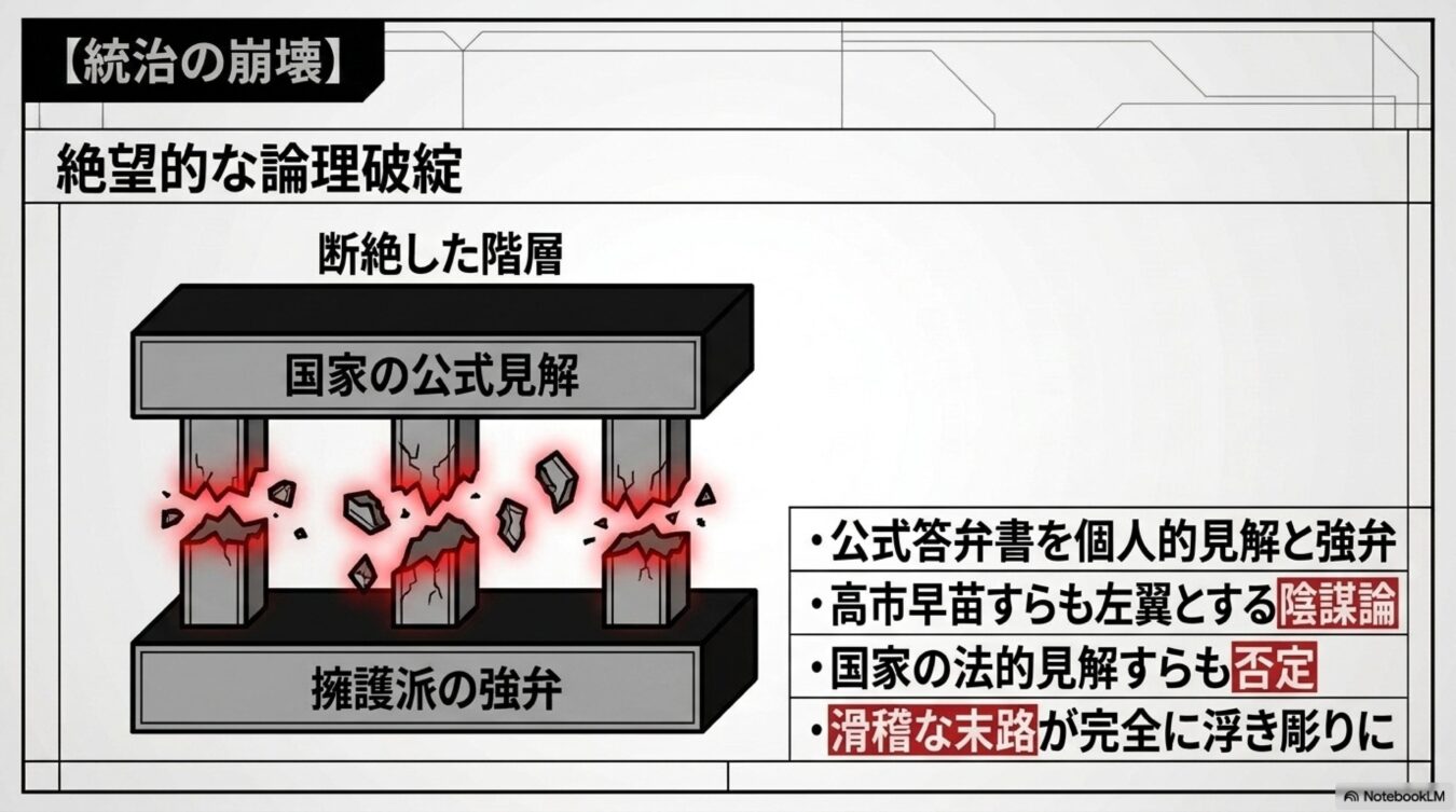 国家の公式見解と擁護派の強弁の断絶による統治の崩壊と、その論理破綻を指摘する図解スライド。