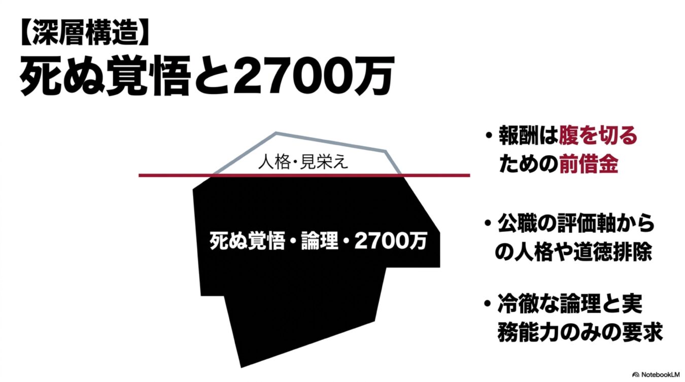 【深層構造】死ぬ覚悟と2700万と題し、氷山モデルを用いて人格・見栄と死ぬ覚悟・論理・2700万の関係性や、報酬、公職の評価軸などを解説する図解。