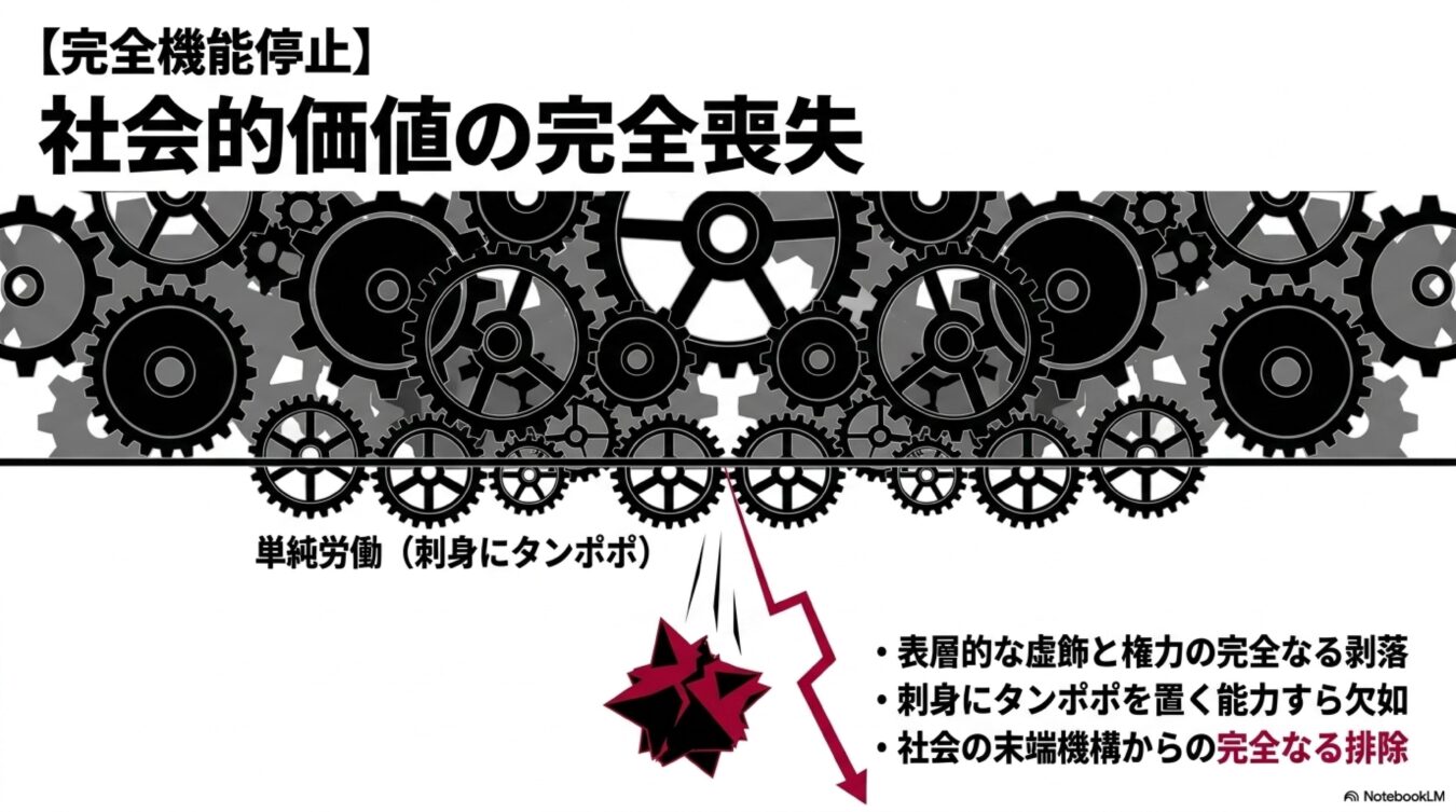【完全機能停止】社会的価値の完全喪失という見出しと、噛み合わなくなった歯車や単純労働(刺身にタンポポ)を示すイラスト。