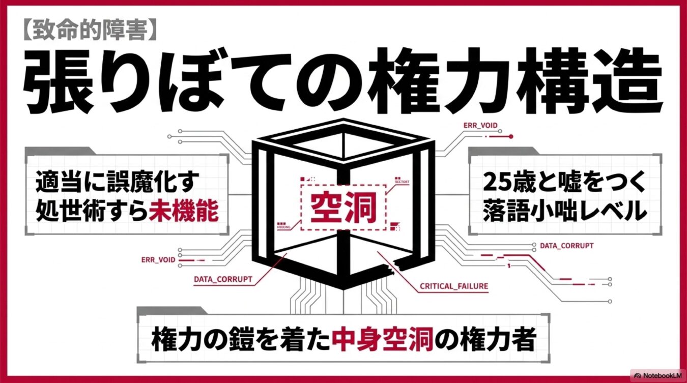 張りぼての権力構造をテーマに、中身が空洞の権力者や機能しない処世術などをシステムエラーに見立てて紹介。
