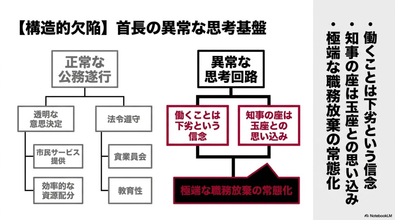 正常な公務遂行との対比により、首長の特権意識や異常な思考が極端な職務放棄を招く構造図。