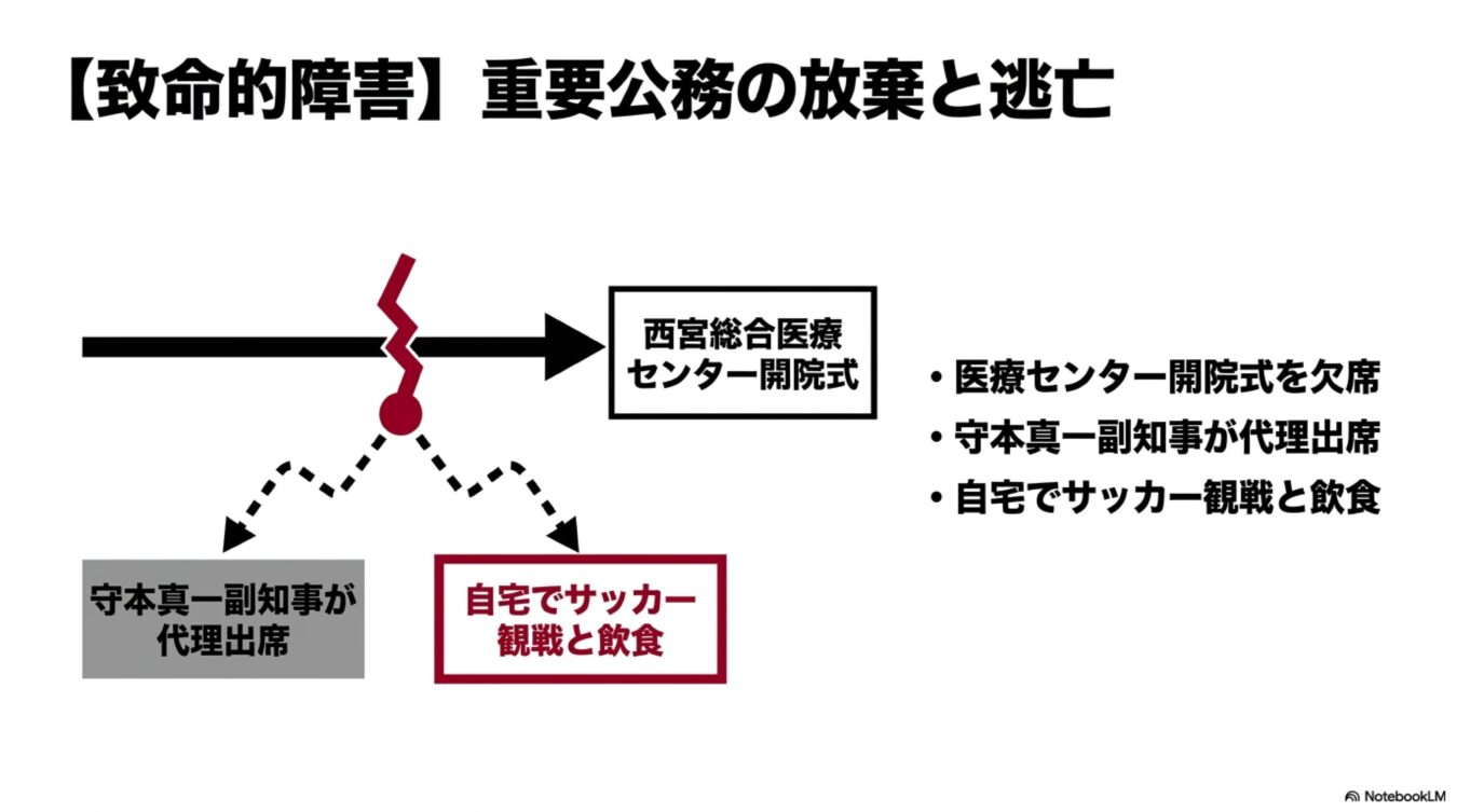 重要公務(西宮総合医療センター開院式)を欠席し、副知事に代理出席させ自宅でサッカー観戦と飲食をした経緯。