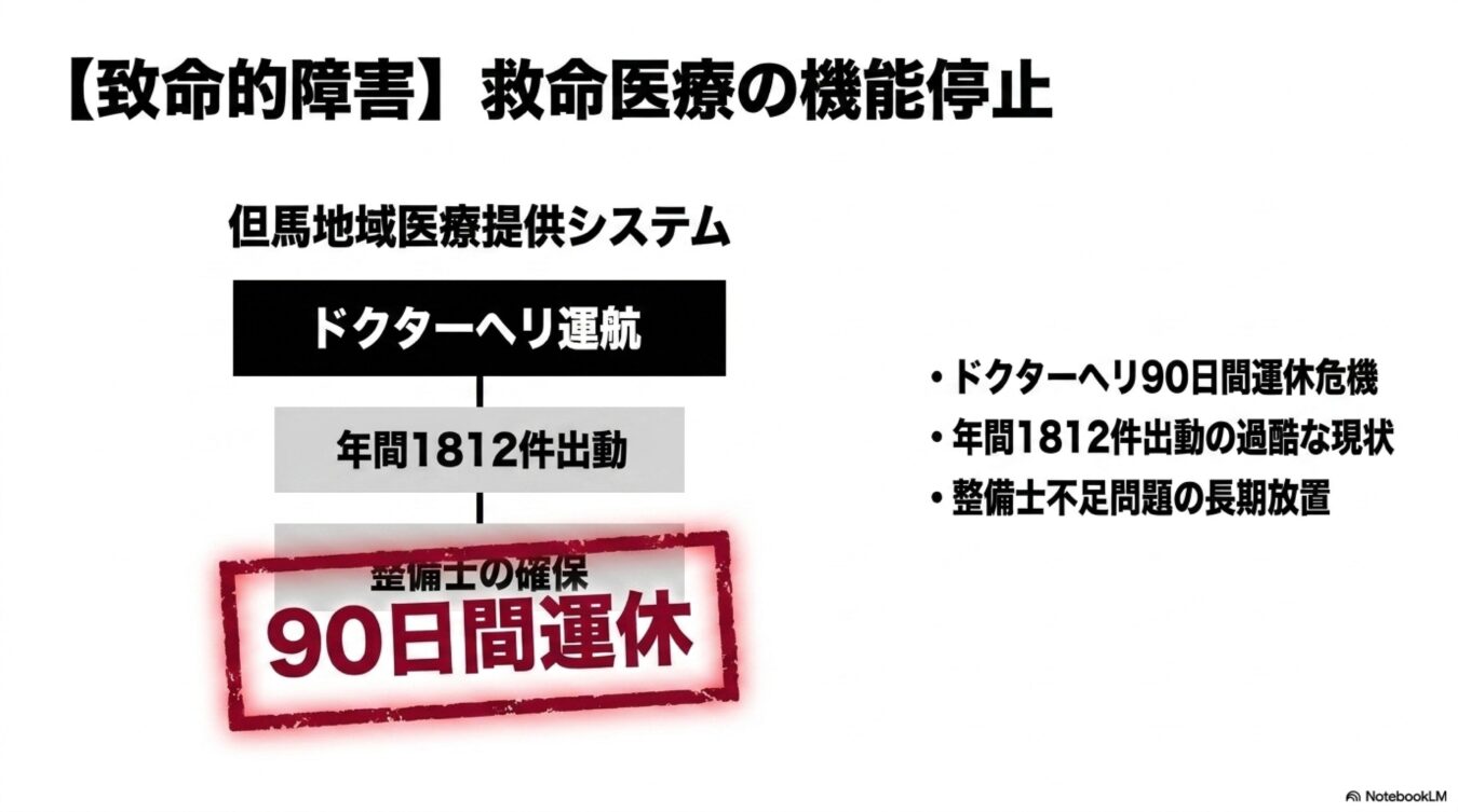 整備士不足により但馬地域のドクターヘリが90日間運休し、救命医療が機能停止する危機を説明するスライド。