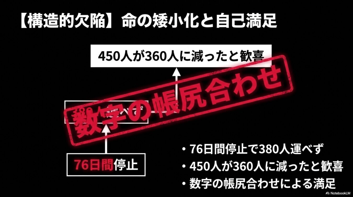 構造的欠陥として命の矮小化と自己満足を挙げ、停止期間と数字の帳尻合わせの関係性を示すスライド。