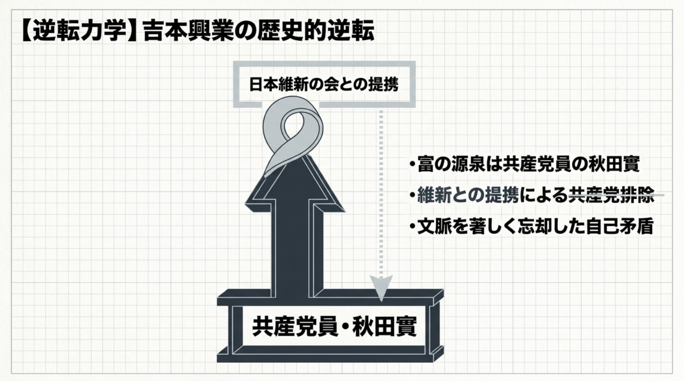 日本維新の会との提携と共産党員・秋田實の関係性を示す図解とテキスト