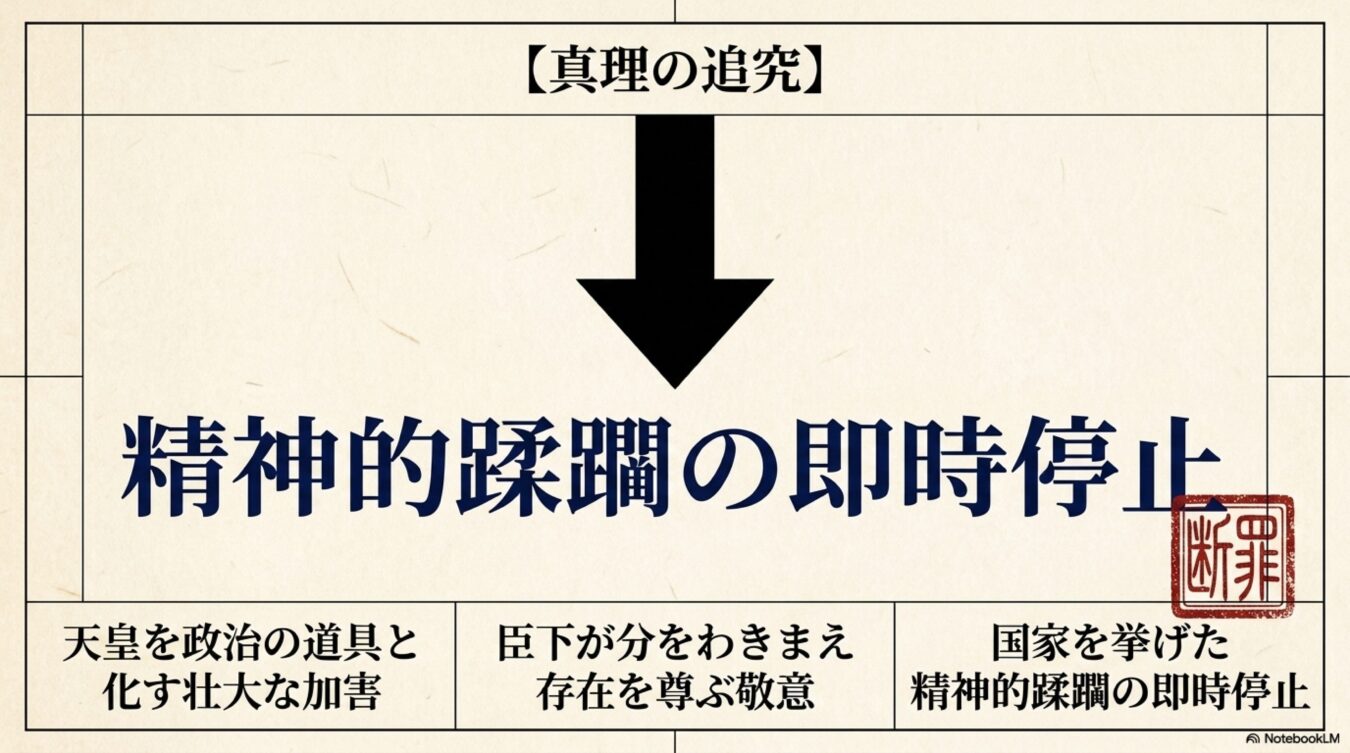 【真理の追究】という見出しの下に精神的蹂躙の即時停止という大きな文字と、それを補足する3つの主張が記載された図版。