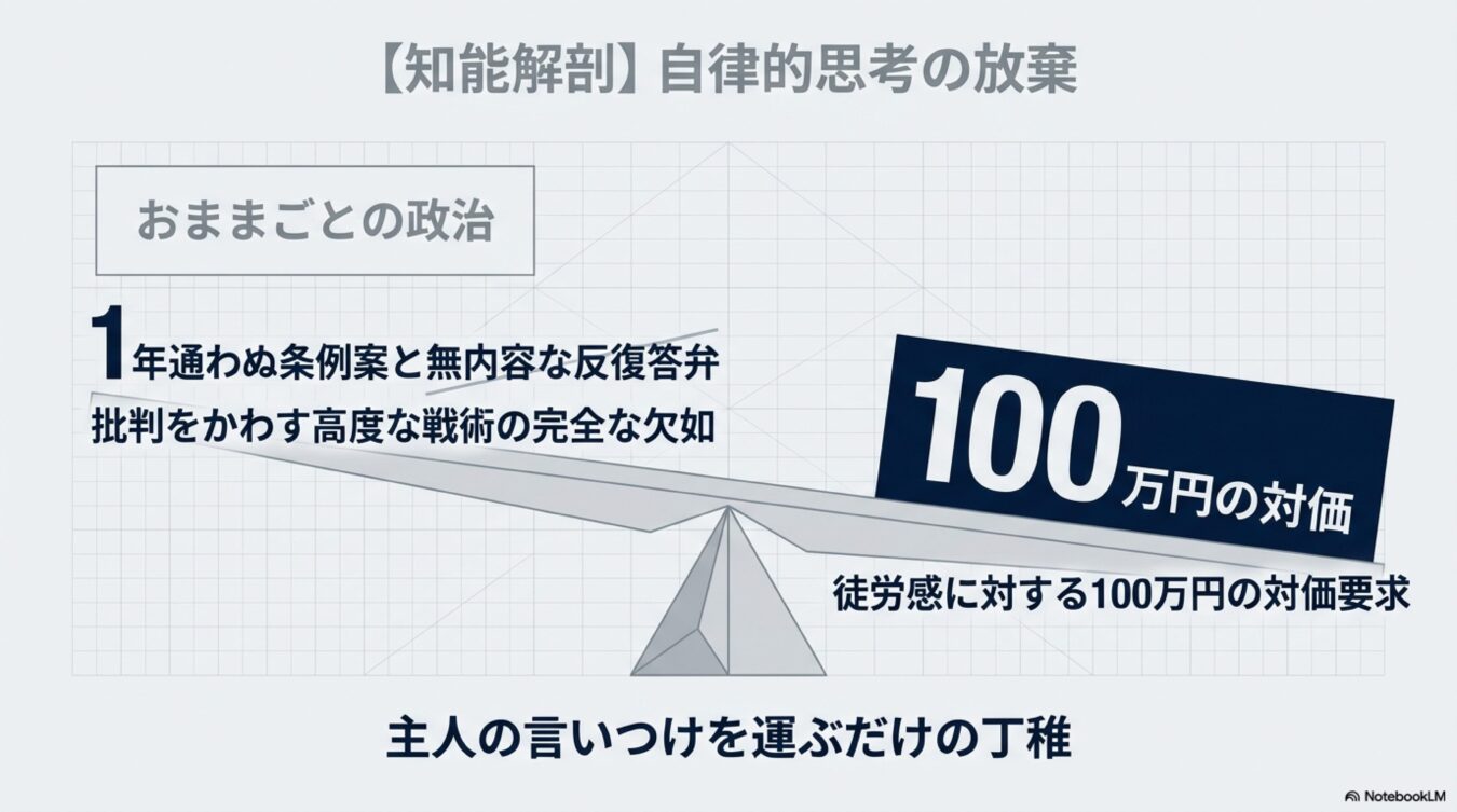 知能解剖 自律的思考の放棄をテーマに、おままごとのような政治と、徒労感に対する100万円の対価要求を天秤にかけ、主人の言いつけを運ぶだけの丁稚という構図を表現した図解。