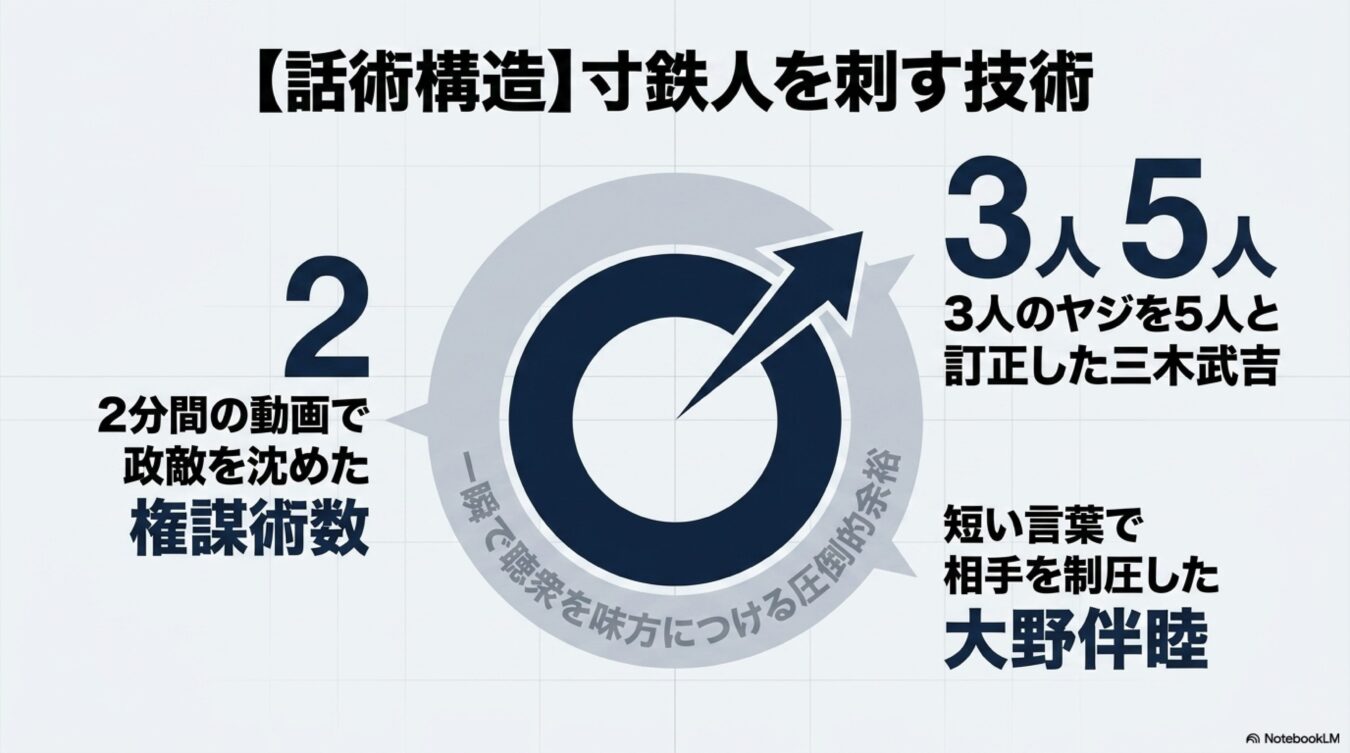 一瞬で聴衆を味方につける話術構造の解説。2分で政敵を沈めた権謀術数や、三木武吉と大野伴睦の事例を用いた対話による制圧技術を紹介する図解。