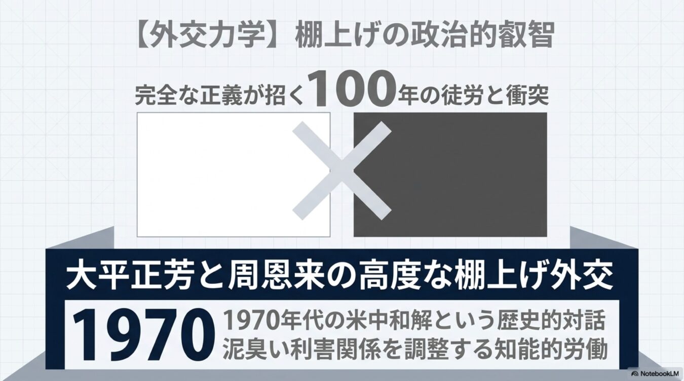 完全な正義による対立の否定と、大平正芳と周恩来による1970年代の米中和解に見る、泥臭い調整を通じた外交の知恵。