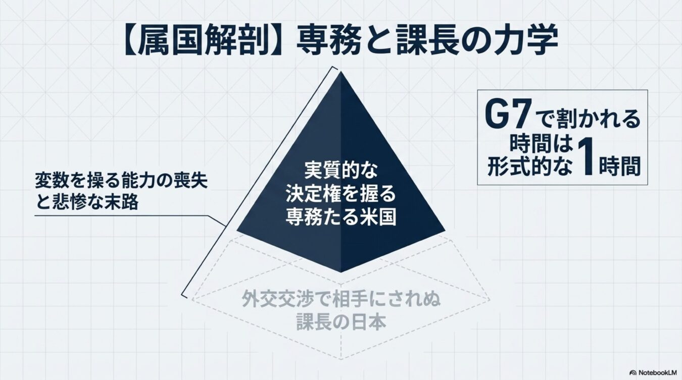 【属国解剖】として、専務である米国が決定権を握り、課長である日本が外交で軽視される力学をピラミッド図で解説した図解。