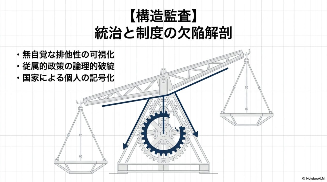構造監査:統治と制度の欠陥解剖として、排他性の可視化や従属政策の破綻などを天秤と歯車の図で表したスライド。