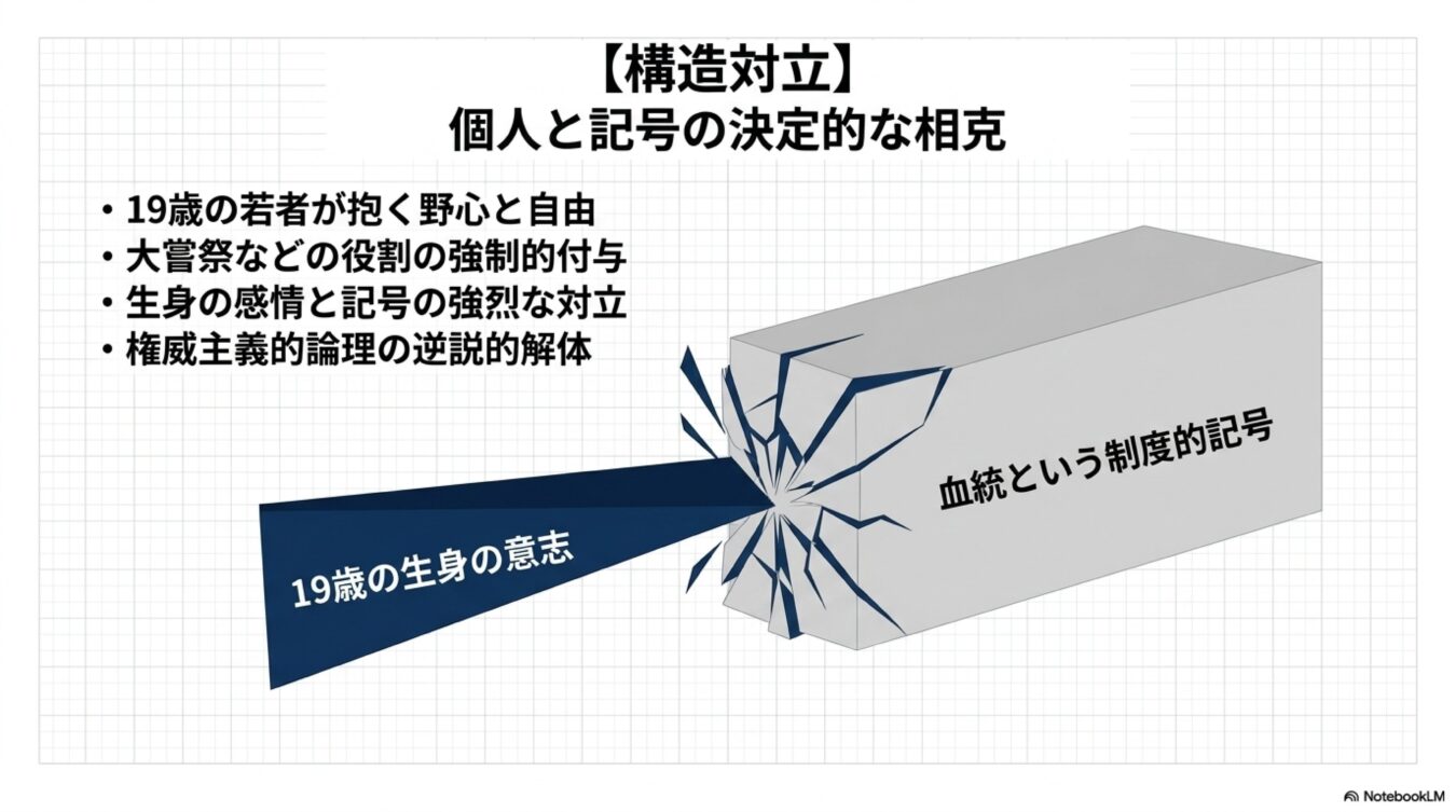個人と記号の相克をテーマに、19歳の生身の意志が血統という制度的記号を打ち破る構造対立の解説図。