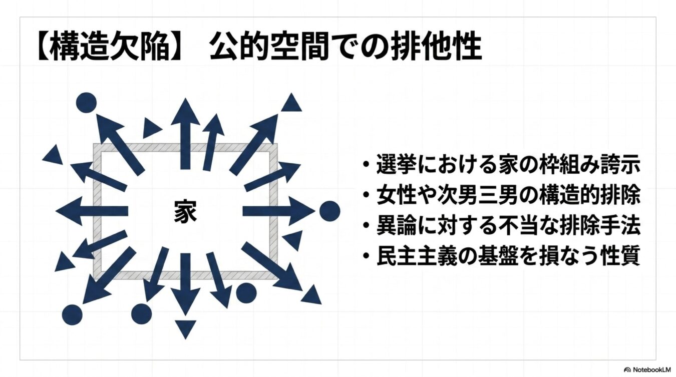 公的空間における家の枠組みによる構造的排除や、民主主義の基盤を損なう排他性の問題を説明する図解。
